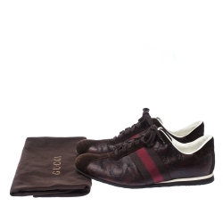 Gucci Brown GG Leather And Suede Web Low Top Sneakers Size 42.5