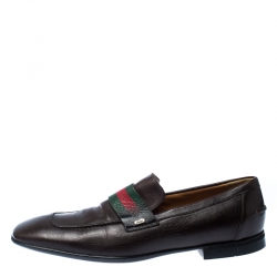 Gucci Brown Leather Web Slip On Loafers Size 41