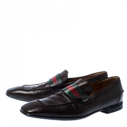 Gucci Brown Leather Web Slip On Loafers Size 41