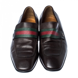Gucci Brown Leather Web Slip On Loafers Size 41