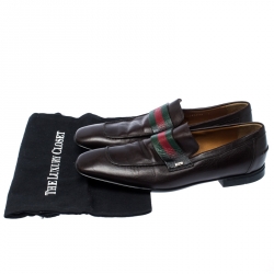 Gucci Brown Leather Web Slip On Loafers Size 41