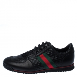 Gucci Black Microguccissima Leather Web Low Top Sneakers Size 43.5