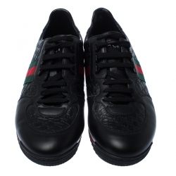 Gucci Black Microguccissima Leather Web Low Top Sneakers Size 43.5