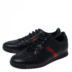 Gucci Black Microguccissima Leather Web Low Top Sneakers Size 43.5