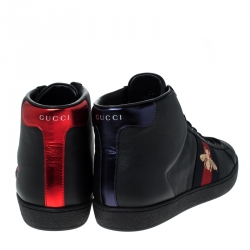 Gucci Black Leather Ace Web Bee High Top Lace Up Sneakers Size 41.5