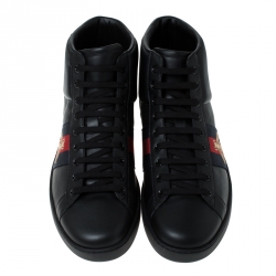 Gucci Black Leather Ace Web Bee High Top Lace Up Sneakers Size 41.5