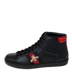 Gucci Black Leather Ace Web Bee High Top Lace Up Sneakers Size 41.5