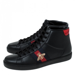 Gucci Black Leather Ace Web Bee High Top Lace Up Sneakers Size 41.5