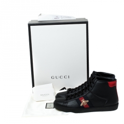 Gucci Black Leather Ace Web Bee High Top Lace Up Sneakers Size 41.5