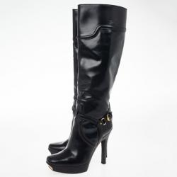Gucci Black Leather Knee Length Boots Size 38