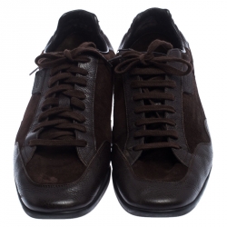 Pre Owned حذاء رياضي غوتشي بحافة منخفضة سويدي وجلد برباط بني داكن مقاس 44