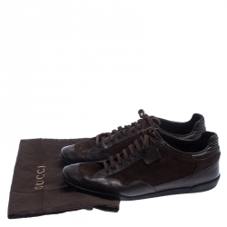 Pre Owned حذاء رياضي غوتشي بحافة منخفضة سويدي وجلد برباط بني داكن مقاس 44