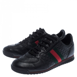 Gucci Black Microguccissima Leather Web Low Top Sneakers Size 40