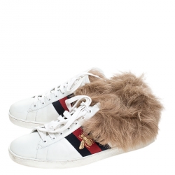 Pre Owned Gucci White Leather and Fur Ace Embroidered Bee Low Top Sneaker Size 42