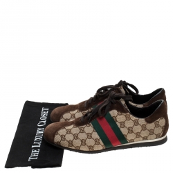 Pre Owned Gucci Beige Canvas and Suede Guccisima Web Detail Sneakers Size 43.5