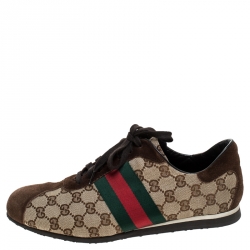 Pre Owned Gucci Beige Canvas and Suede Guccisima Web Detail Sneakers Size 43.5