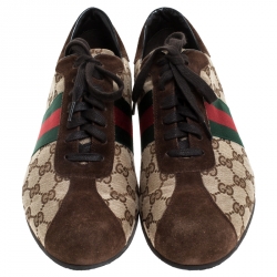 Pre Owned Gucci Beige Canvas and Suede Guccisima Web Detail Sneakers Size 43.5