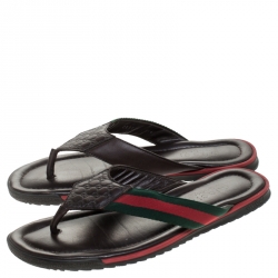 Pre Owned Gucci Brown GG Leather Web Detail Thong Flats Size 42.5