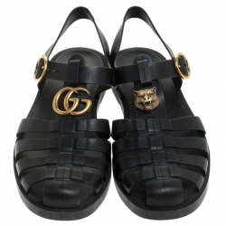 Gucci Black Rubber Marmont And Tiger Embellished Buckle Strap Sandals Size 40