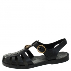 Gucci Black Rubber Marmont And Tiger Embellished Buckle Strap Sandals Size 40