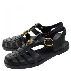 Gucci Black Rubber Marmont And Tiger Embellished Buckle Strap Sandals Size 40