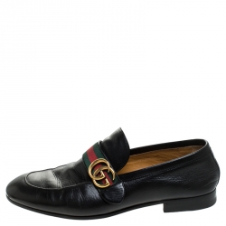 Gucci Black Leather GG Web Slip On Loafers Size 42.5
