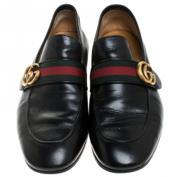 Gucci Black Leather GG Web Slip On Loafers Size 42.5