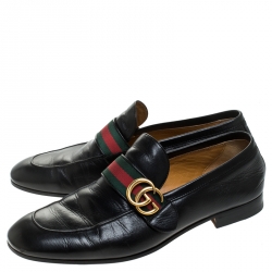 Gucci Black Leather GG Web Slip On Loafers Size 42.5