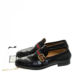 Gucci Black Leather GG Web Slip On Loafers Size 42.5