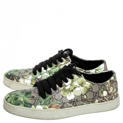 Pre Owned Gucci Green/Beige Bloom Print GG Supreme Canvas Lace Up Low Top  Sneaker Size 43