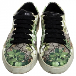 Pre Owned Gucci Green/Beige Bloom Print GG Supreme Canvas Lace Up Low Top  Sneaker Size 43