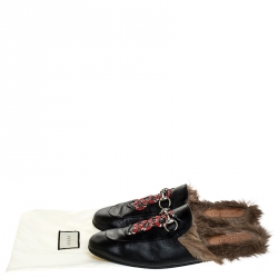 مملوكة مسبقًا Gucci Black Snake Embroidered Leather and Fur Lined Princetown Mules Size 44