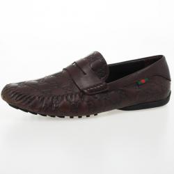 Pre Owned Gucci Dark Brown Guccissima Leather Penny Loafer Drivers With Interlocking G Size 43.5