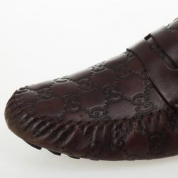 Pre Owned Gucci Dark Brown Guccissima Leather Penny Loafer Drivers With Interlocking G Size 43.5