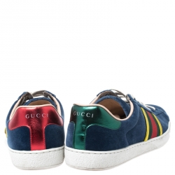 Gucci Blue Velvet And Red/Green Foil Leather Web Detail Ace Sneakers Size 41