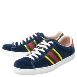 Gucci Blue Velvet And Red/Green Foil Leather Web Detail Ace Sneakers Size 41
