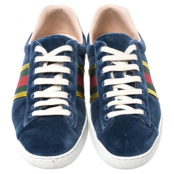 Gucci Blue Velvet And Red/Green Foil Leather Web Detail Ace Sneakers Size 41