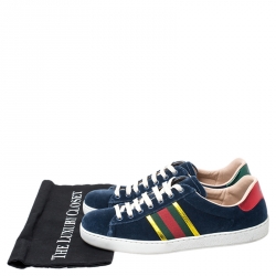 Gucci Blue Velvet And Red/Green Foil Leather Web Detail Ace Sneakers Size 41