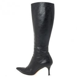 Pre Owned Gucci Guccissima Black Leather Pointed Toe Knee Length Boots Size 37.5