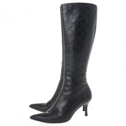 Pre Owned Gucci Guccissima Black Leather Pointed Toe Knee Length Boots Size 37.5