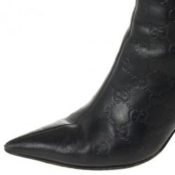Pre Owned Gucci Guccissima Black Leather Pointed Toe Knee Length Boots Size 37.5