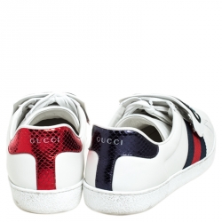 Gucci White Leather, Python Trim And Web Detail Lion Patch Ace Low Top Sneakers Size 43
