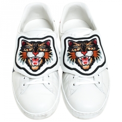 Gucci White Leather, Python Trim And Web Detail Lion Patch Ace Low Top Sneakers Size 43