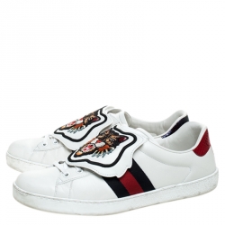 Gucci White Leather, Python Trim And Web Detail Lion Patch Ace Low Top Sneakers Size 43