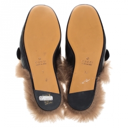 Gucci Black Leather And Fur Princetown Web GG Marmont Loafer Slides Size 41