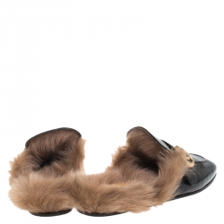 Gucci Black Leather And Fur Princetown Web GG Marmont Loafer Slides Size 41