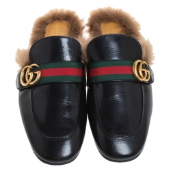 Gucci Black Leather And Fur Princetown Web GG Marmont Loafer Slides Size 41