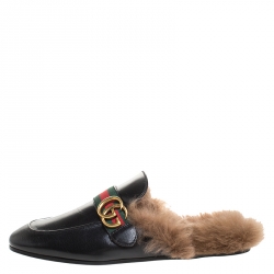 Gucci Black Leather And Fur Princetown Web GG Marmont Loafer Slides Size 41