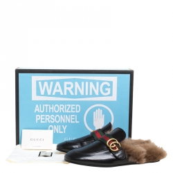 Gucci Black Leather And Fur Princetown Web GG Marmont Loafer Slides Size 41