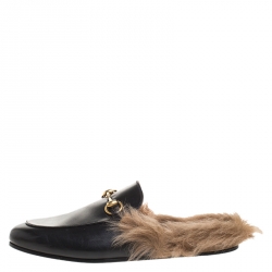 Gucci Black Leather And Fur Princetown Horsebit Loafer Slides Size 42
